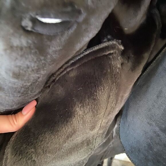 Faux fur trim shearling winter Coat, deep navy blue, XS - Picture 5 of 7